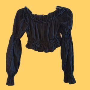 Altar'd State Ruched Pouf Sleeve Crop Top Shoulder Bow M Black Pirate Goth Disco